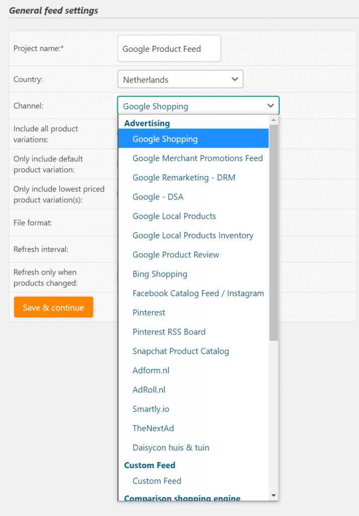 Select the right Channel for your Product Feed